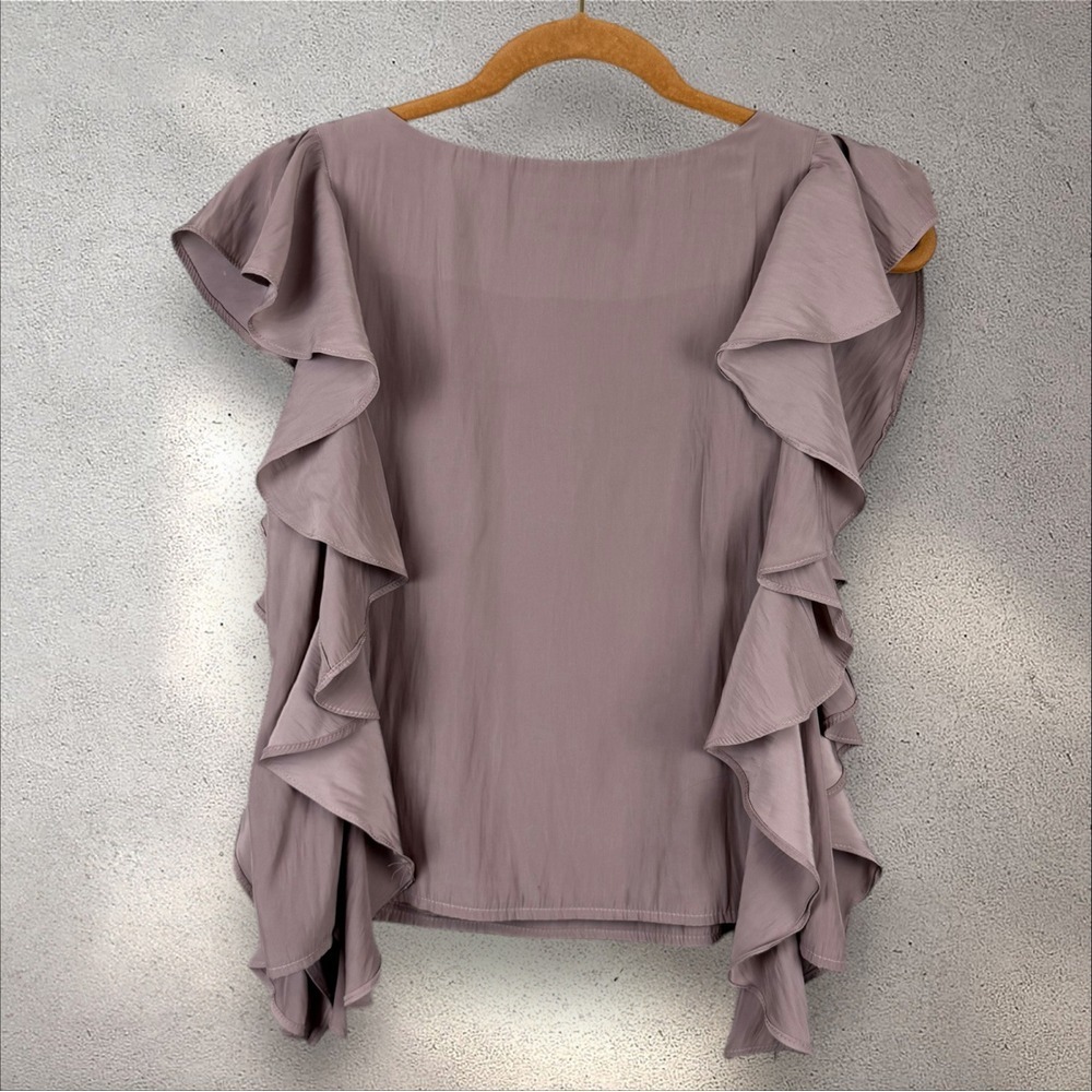 Koch Cafe Cara Top Blouse Satin Ruffle‎ Tan Beige Sz XS - Picture 7 of 8